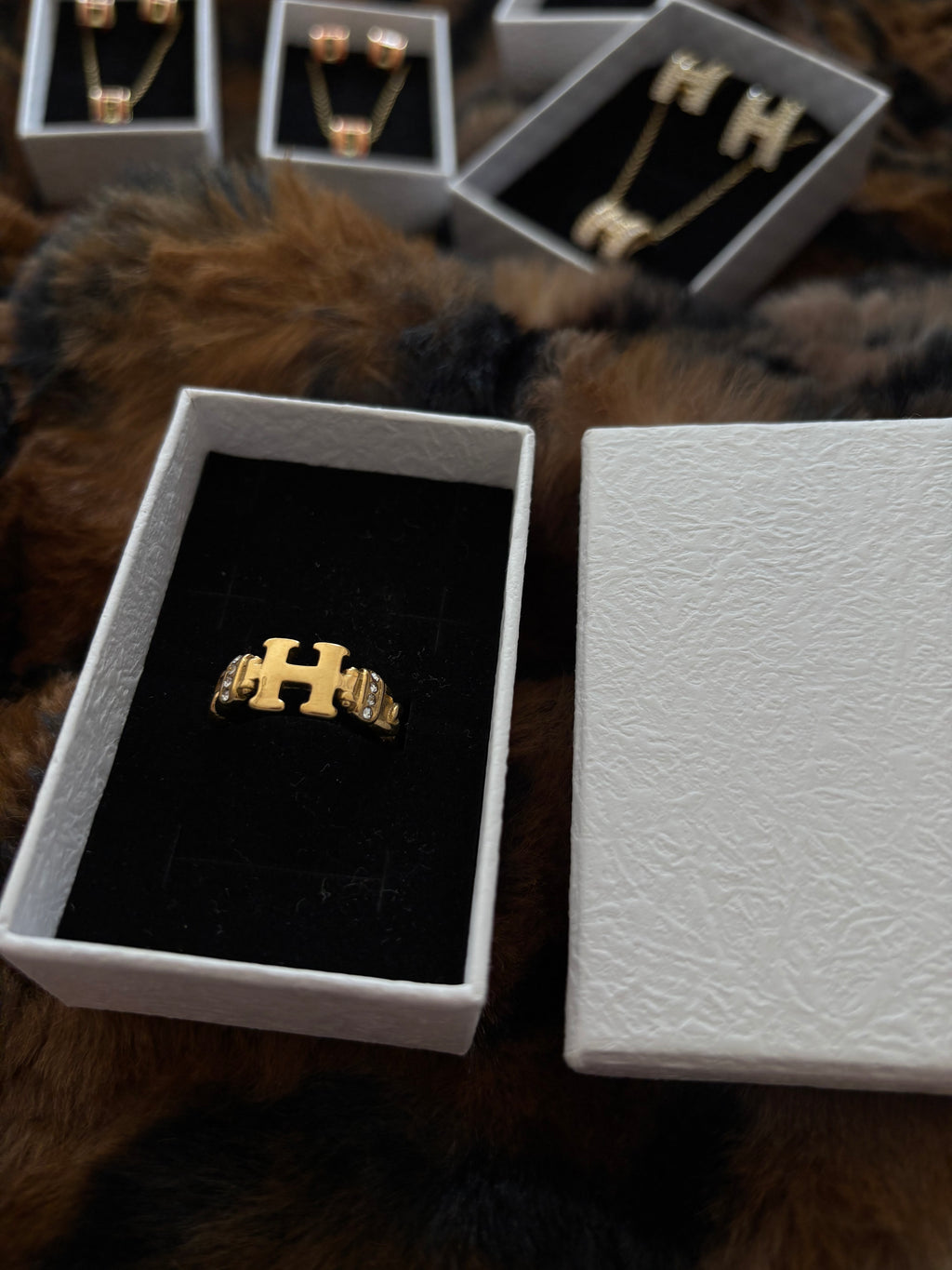 Gold H Rhinestone Ring