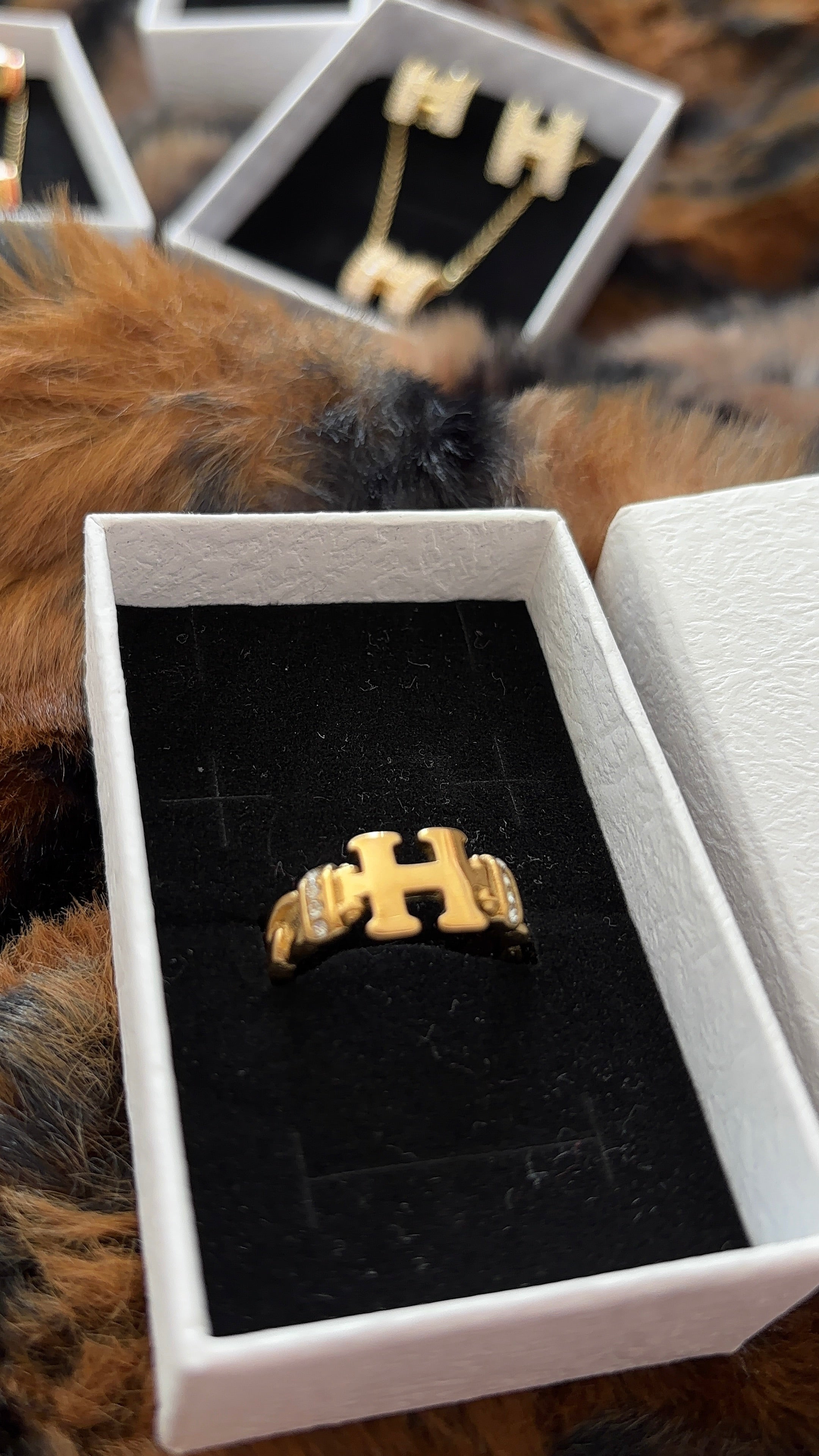 Gold H Rhinestone Ring
