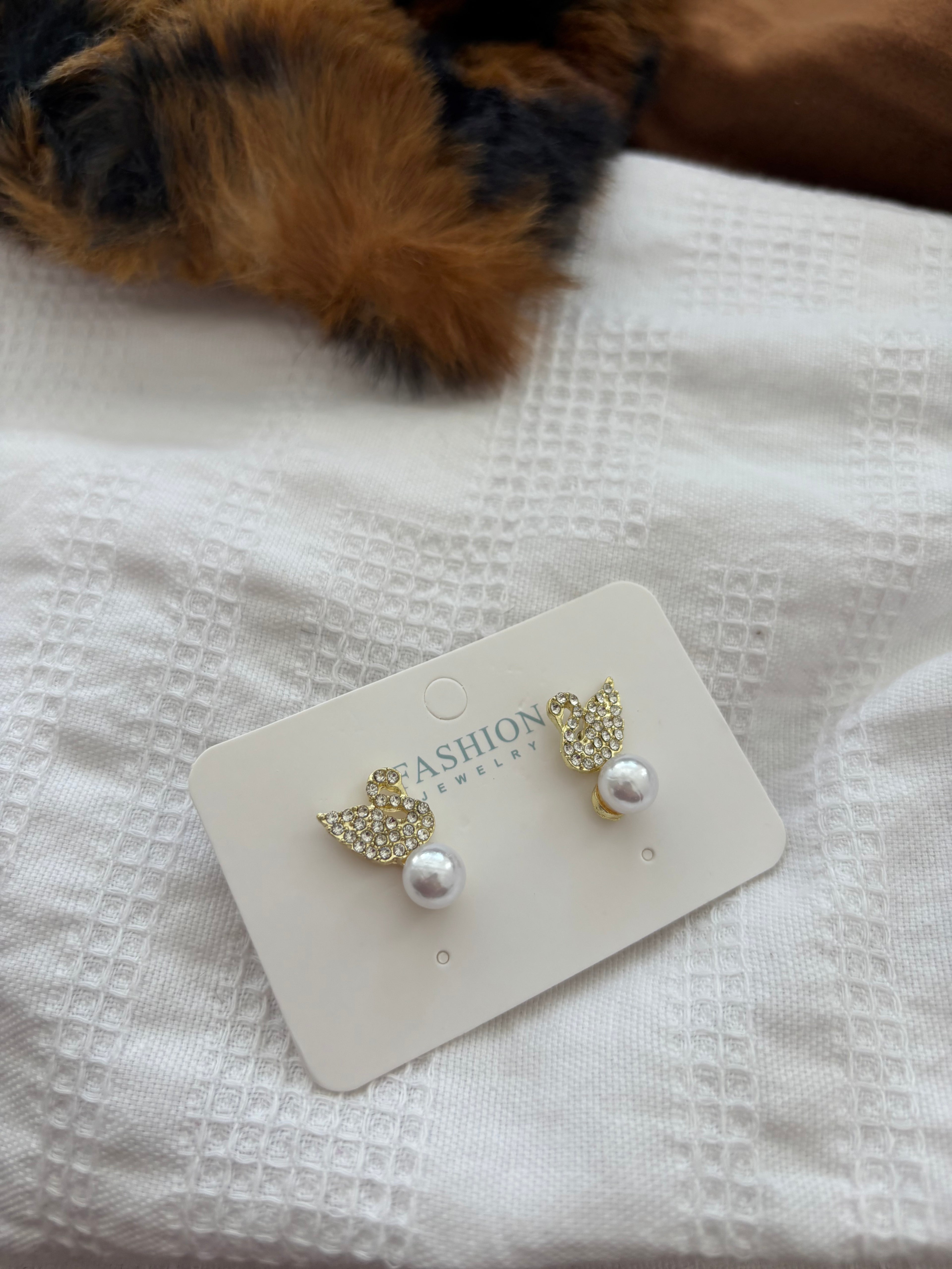 Rhinestone & Pearl Swan Earrings